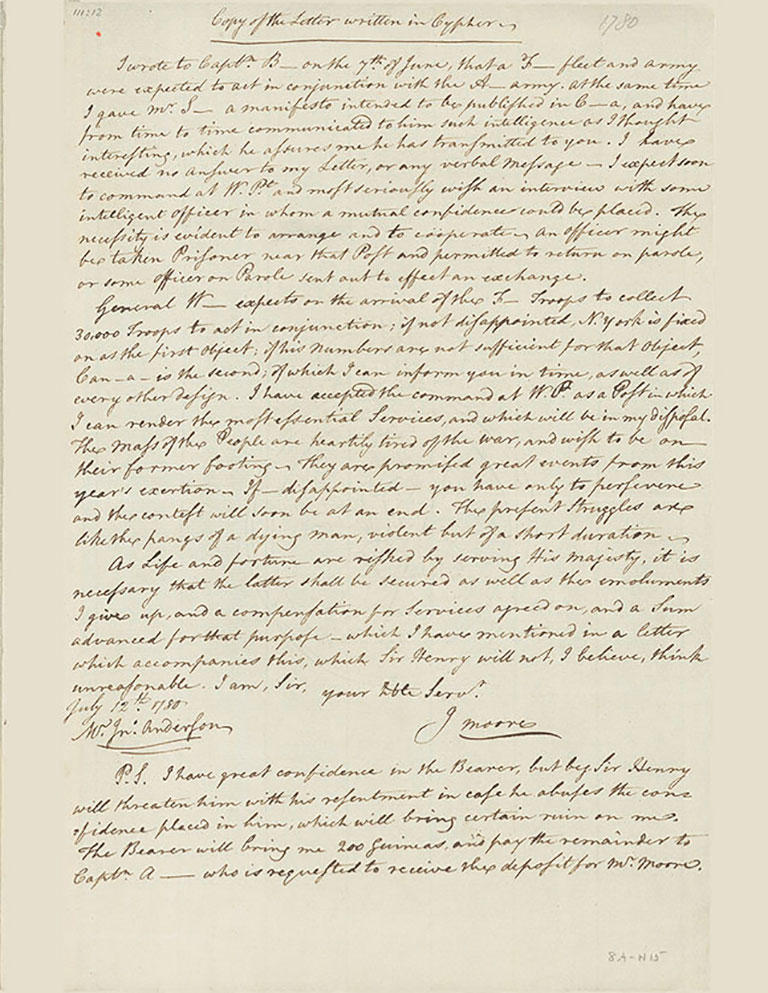 Letter from Benedict Arnold to Major John André, decoded