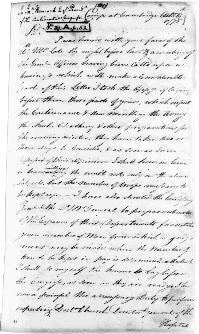 Letter from George Washington to the Continental Congress reporting the conviction and sentencing of Benjamin Church