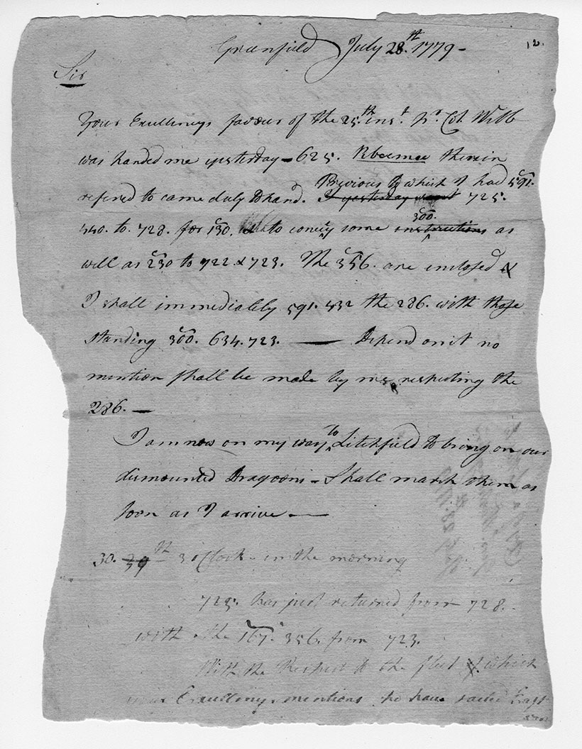 Encrypted correspondence from Samuel Culper, Sr. to John Bolton (also known as Major Benjamin Tallmadge)